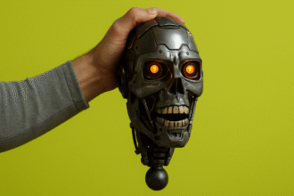 Homem segura a cabeça de um robô com olhos iluminados, simbolizando o controle humano sobre a inteligência artificial, em referência à nova lei de Goiás que regulamenta e incentiva o uso responsável da IA no estado.